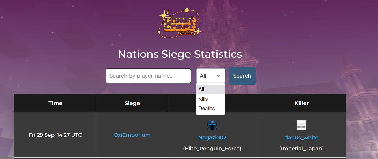 Screenshot of kills page